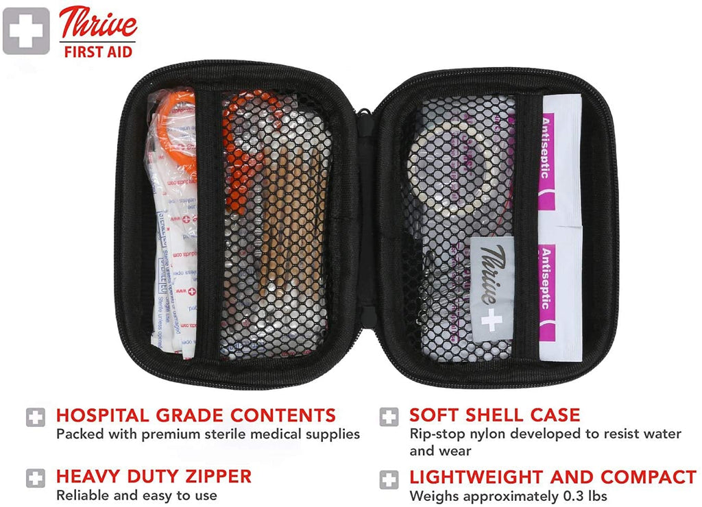 Thrive Travel Essentials Mini First Aid Kit - 66 FSA HSA Approved Products  Includes Multi-Sized Bandage, Wipes, Safety Pins, and More (Pouch)